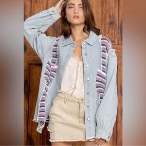 POL Crochet Denim Jean Jacket Shacket size Large